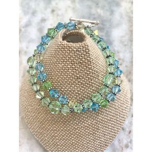 Double Stranded Peridot and Aquamarine Austria Crystals with Toggle Clasp